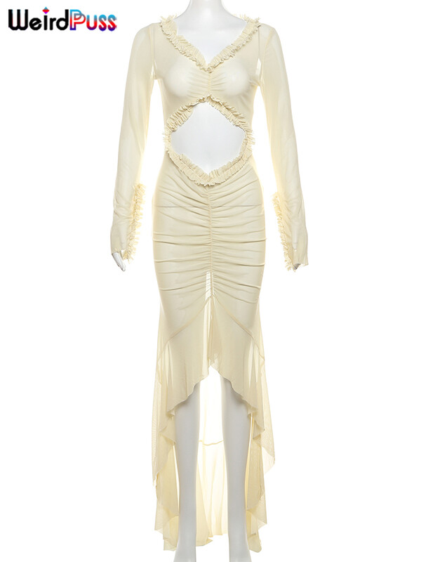 Divné sexy priehľadné dámske šaty s elegantným výstrihom do V, dlhými rukávmi, volánikmi a čipkou, nariaseným priliehavým strihom, plážovým oblečením a klubovým oblečením.