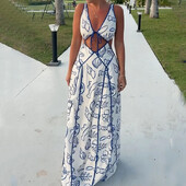 Ellafads Naiste Maxi kleidid Suvised seksikad vintage trükitud V-kaelusega väljalõikega traksid, lips õhuke seljata pitsiline rannapeokleit