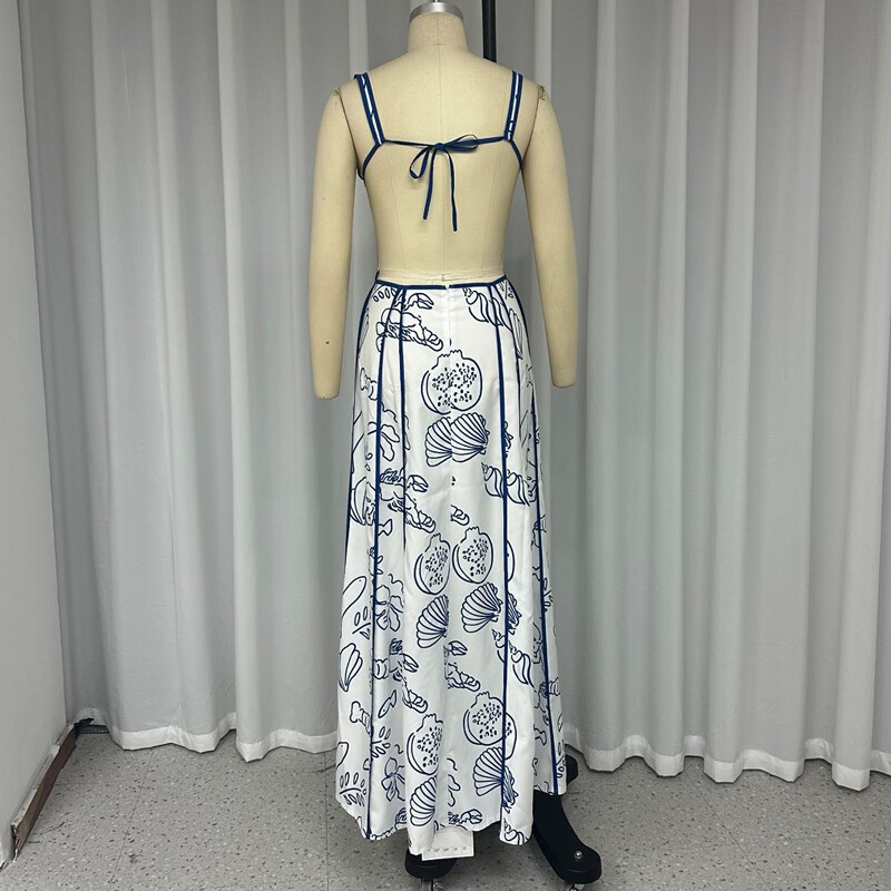 Ellafads Naiste Maxi kleidid Suvised seksikad vintage trükitud V-kaelusega väljalõikega traksid, lips õhuke seljata pitsiline rannapeokleit