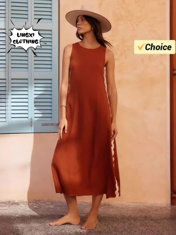 2024. aasta suvemood, uus naiste rannapuhkuse stiil, ühevärviline elegantne kleit, boheemlaslik, varrukateta, seksikas naiste rüü