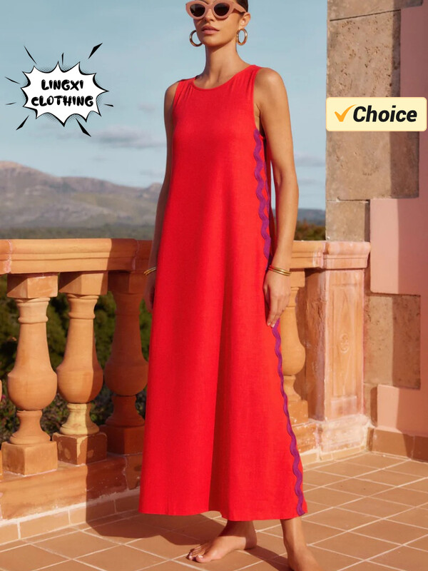 2024. aasta suvemood, uus naiste rannapuhkuse stiil, ühevärviline elegantne kleit, boheemlaslik, varrukateta, seksikas naiste rüü