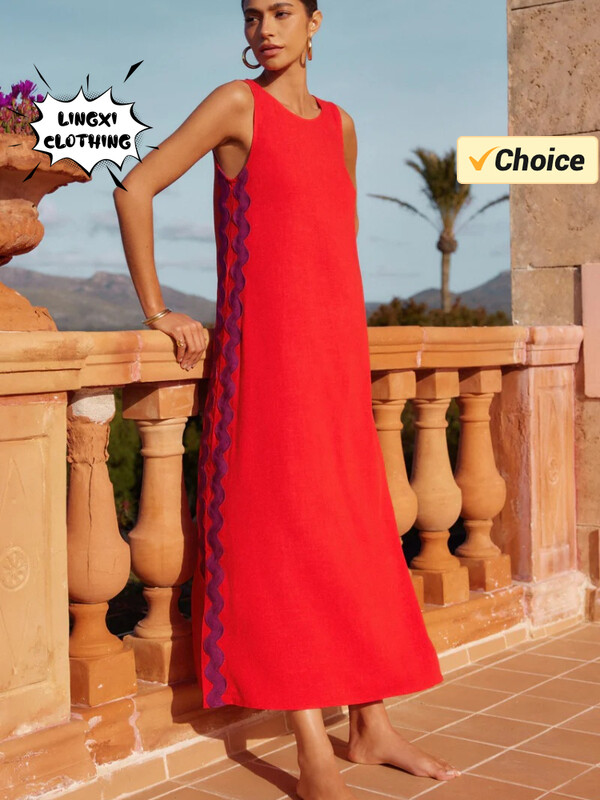 2024. aasta suvemood, uus naiste rannapuhkuse stiil, ühevärviline elegantne kleit, boheemlaslik, varrukateta, seksikas naiste rüü