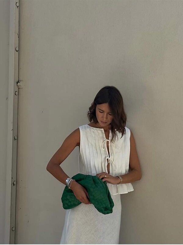 Διπλωμένα βολάν Κορυφαία γυναικεία κοστούμια Κομψό αμάνικο πουκάμισο μακριά φούστα 2 τεμαχίων σετ 2024 Summer Lady Office Highstreet outfit