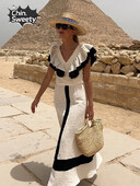 Елегантен контрастиращ комплект дамска миди пола с висока талия пачуърк V деколте Секси костюм с волани без гръб Летни дамски ваканционни тоалети