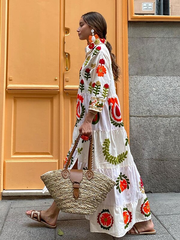 Ühe rinnaga revääriga trükitud kleit naistele, kolmveerandvarrukatega, volangidega, pikad lahtised hommikumantlid, suvised daamid vabaaja kutselised vestid