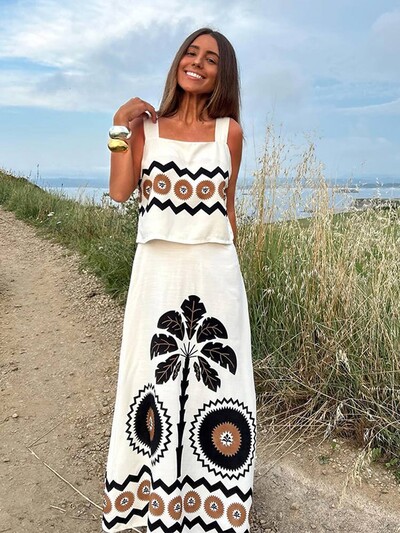 Γυναικεία Μόδα Off Shoulder Shoulder Lady Top Σετ Casual στάμπες ψηλόμεση φούστα 2024 Καλοκαιρινά ρούχα για διακοπές Lady Beach