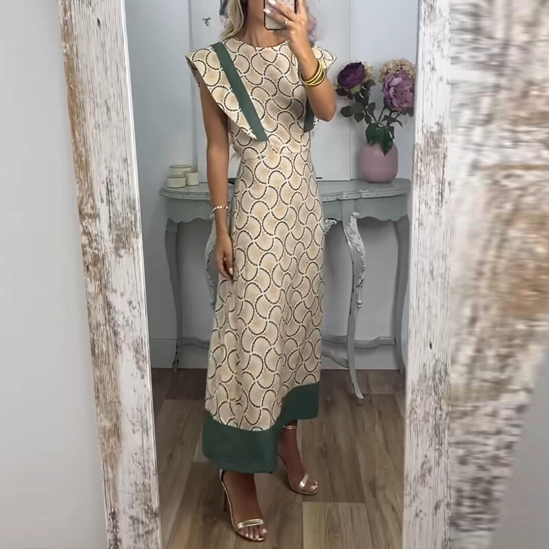 2024. aasta naiste lendavate varrukatega pidulik kleit, elegantne uue mustriga prinditud tikkkleit, šikk suvine O-kaelusega naiste peokleit