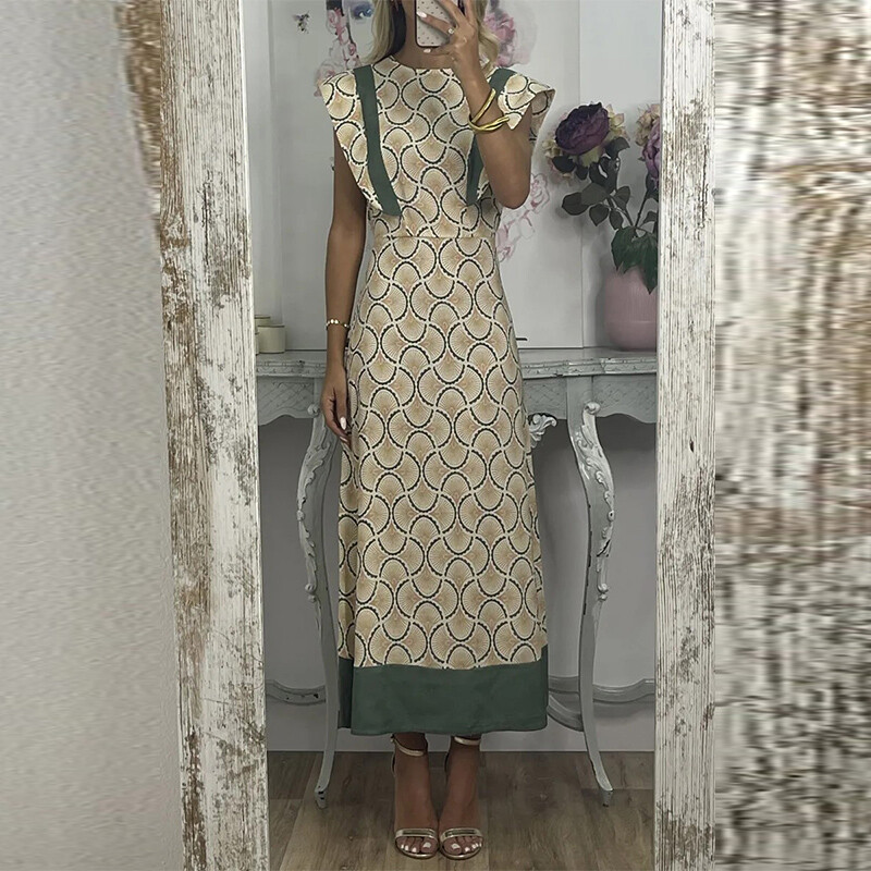 2024. aasta naiste lendavate varrukatega pidulik kleit, elegantne uue mustriga prinditud tikkkleit, šikk suvine O-kaelusega naiste peokleit