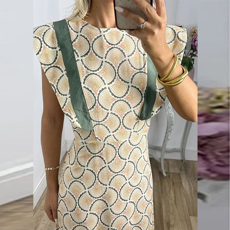 2024. aasta naiste lendavate varrukatega pidulik kleit, elegantne uue mustriga prinditud tikkkleit, šikk suvine O-kaelusega naiste peokleit