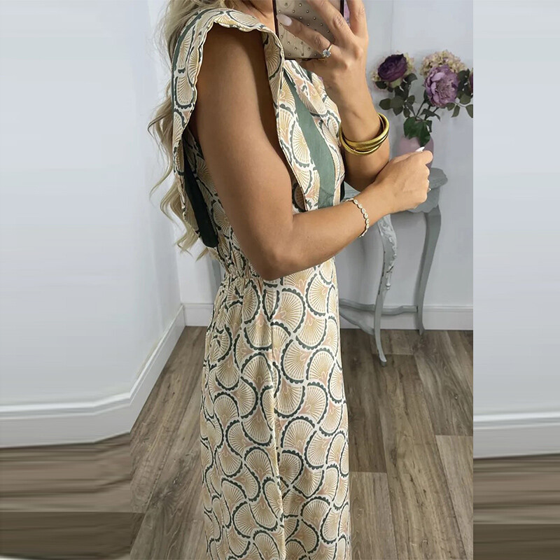 2024. aasta naiste lendavate varrukatega pidulik kleit, elegantne uue mustriga prinditud tikkkleit, šikk suvine O-kaelusega naiste peokleit