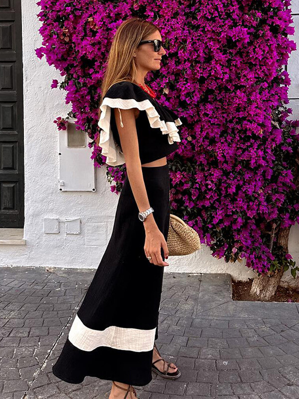 Femei elegante cu volane mâneci cu decolteu în V costume de fustă la modă fără spate contrast patchwork topuri costum 2024 noi ținute de vacanță pentru doamne