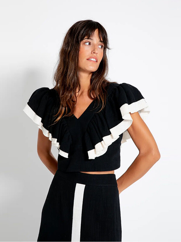 Femei elegante cu volane mâneci cu decolteu în V costume de fustă la modă fără spate contrast patchwork topuri costum 2024 noi ținute de vacanță pentru doamne