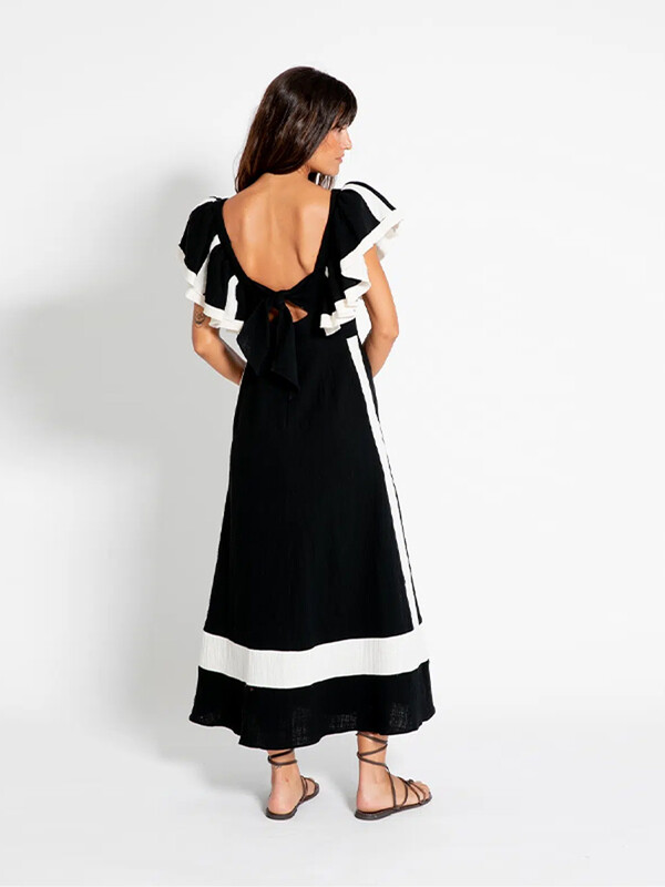 Femei elegante cu volane mâneci cu decolteu în V costume de fustă la modă fără spate contrast patchwork topuri costum 2024 noi ținute de vacanță pentru doamne