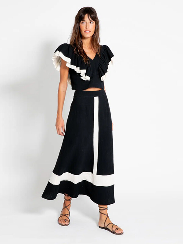 Femei elegante cu volane mâneci cu decolteu în V costume de fustă la modă fără spate contrast patchwork topuri costum 2024 noi ținute de vacanță pentru doamne