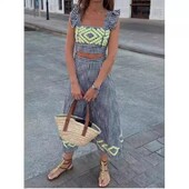 Naiste vintage trükitud Midi-seelikukomplekt, armas kärbitud, kõrge vöökohaga seelikud, 2024. aasta kevadsuvepuhkuse rannarõivad Vestidos