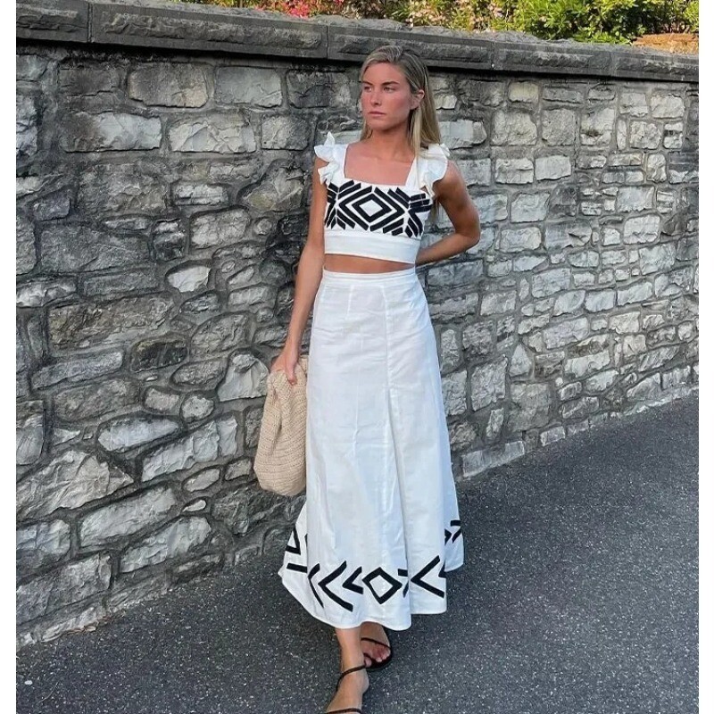 Naiste vintage trükitud Midi-seelikukomplekt, armas kärbitud, kõrge vöökohaga seelikud, 2024. aasta kevadsuvepuhkuse rannarõivad Vestidos