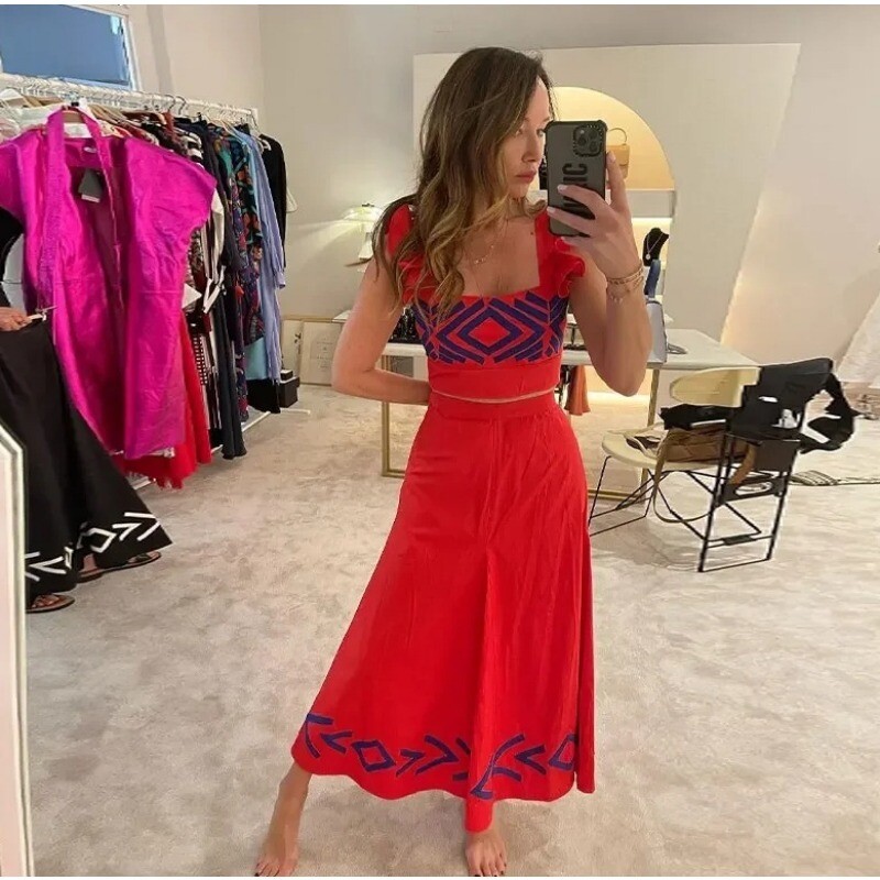 Naiste vintage trükitud Midi-seelikukomplekt, armas kärbitud, kõrge vöökohaga seelikud, 2024. aasta kevadsuvepuhkuse rannarõivad Vestidos