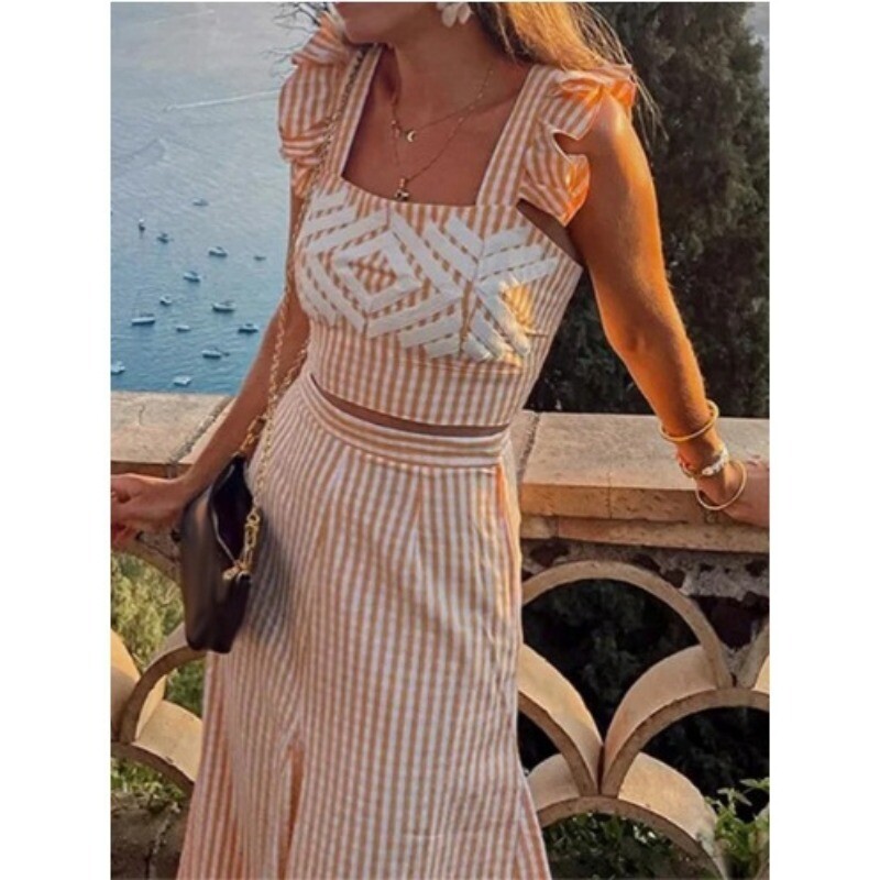 Naiste vintage trükitud Midi-seelikukomplekt, armas kärbitud, kõrge vöökohaga seelikud, 2024. aasta kevadsuvepuhkuse rannarõivad Vestidos