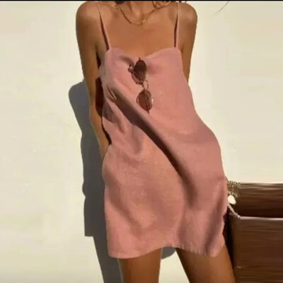 Ljetne nove jednobojne ležerne kratke haljine bez rukava bez leđa Ženske haljine u stilu pamuka i lana Blagdanske suknje A-kroja za zabavu