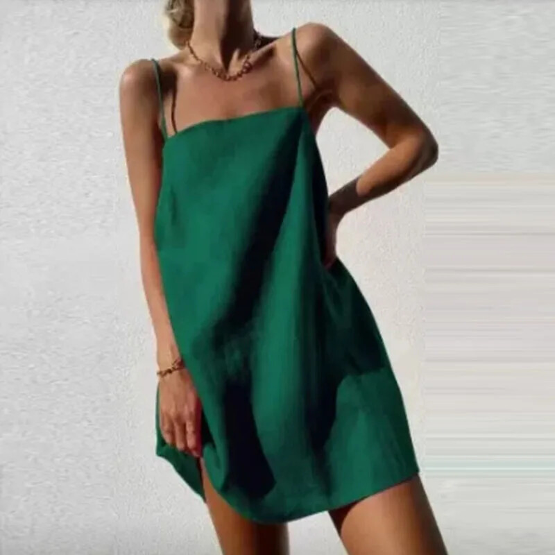 Ljetne nove jednobojne ležerne kratke haljine bez rukava bez leđa Ženske haljine u stilu pamuka i lana Blagdanske suknje A-kroja za zabavu