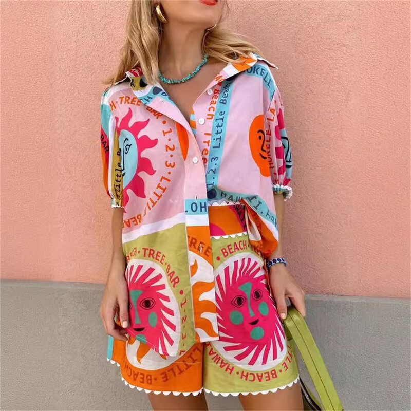 Naiste vabaaja trükitud pluuside komplekt, lühikeste varrukatega särgikomplekt naistele 2024. aasta uus elastne vöökoht, suve rannapuhkuse varustus