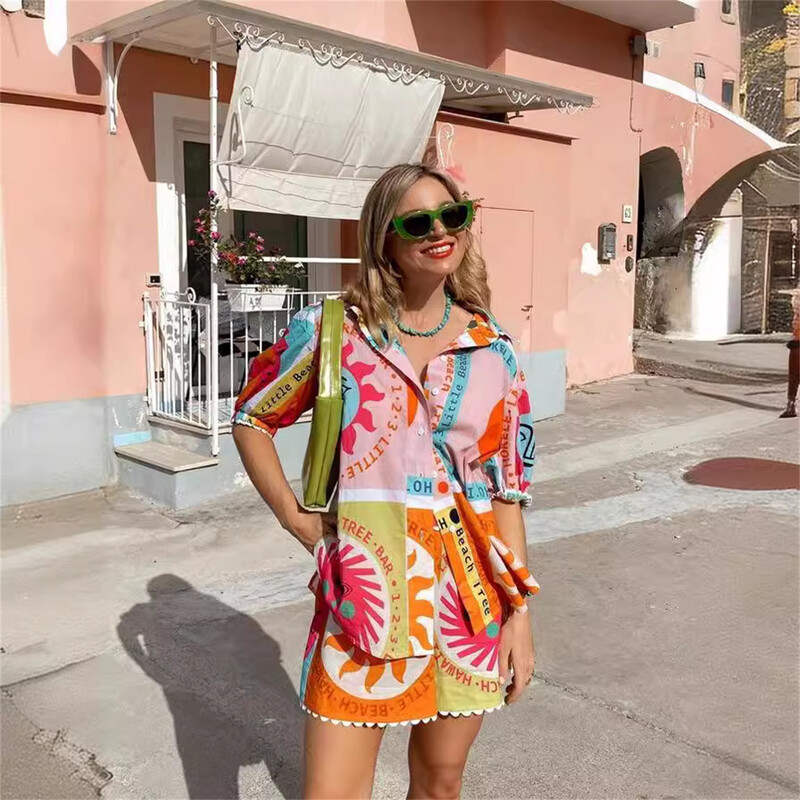 Naiste vabaaja trükitud pluuside komplekt, lühikeste varrukatega särgikomplekt naistele 2024. aasta uus elastne vöökoht, suve rannapuhkuse varustus