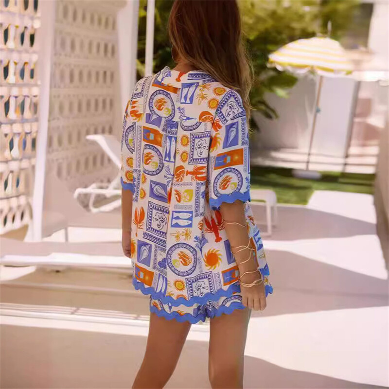 Naiste vabaaja trükitud pluuside komplekt, lühikeste varrukatega särgikomplekt naistele 2024. aasta uus elastne vöökoht, suve rannapuhkuse varustus