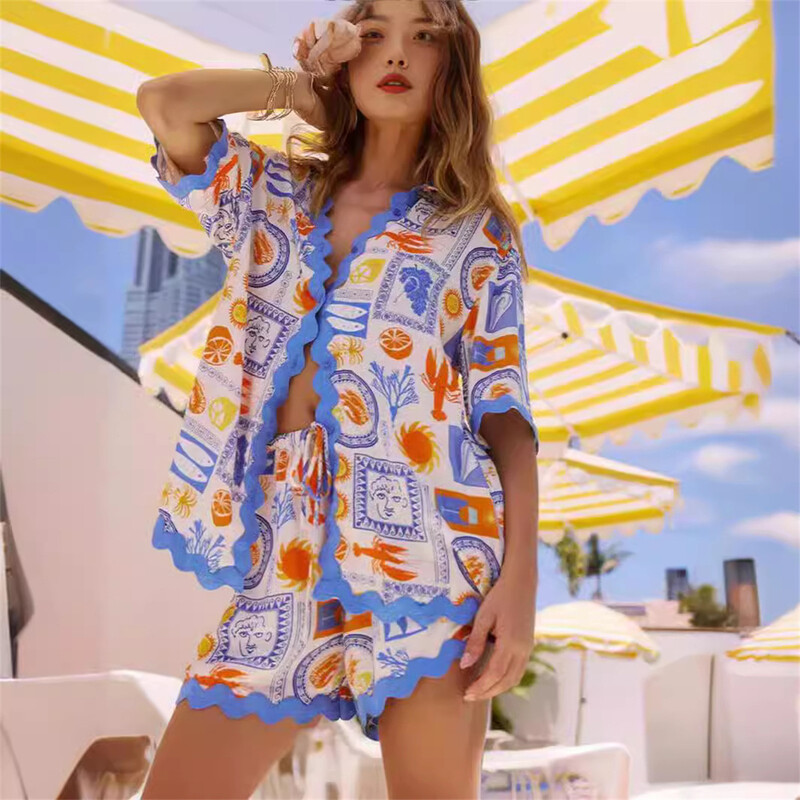 Naiste vabaaja trükitud pluuside komplekt, lühikeste varrukatega särgikomplekt naistele 2024. aasta uus elastne vöökoht, suve rannapuhkuse varustus