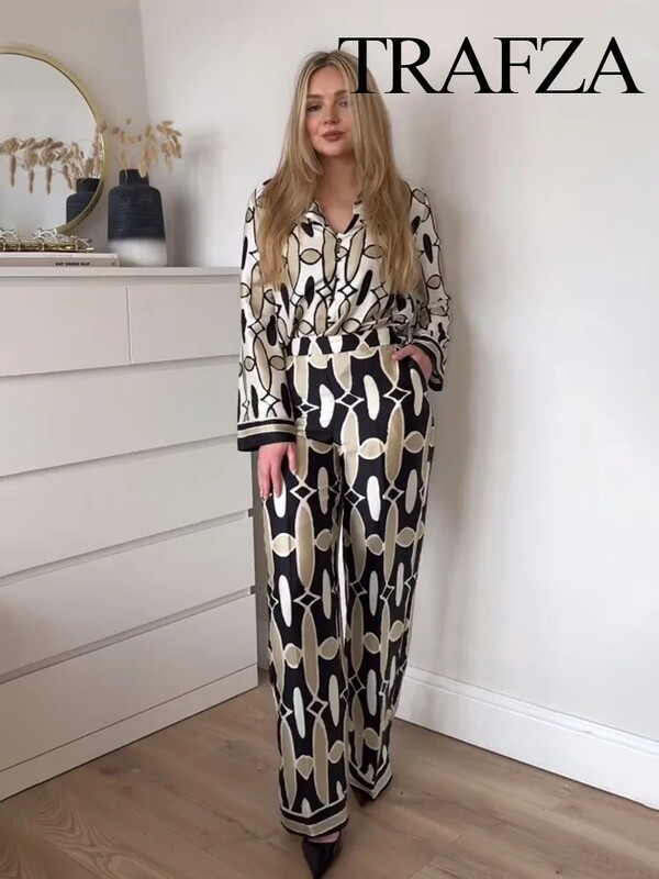 TRAFZA kevadine naiste geomeetrilise trükiga revääriga pikkade varrukatega särk, 2-osaline komplekt küljetaskud vabaaja kõrge vöökohaga naiste laia pükste ülikond