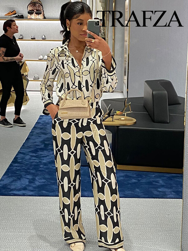 TRAFZA kevadine naiste geomeetrilise trükiga revääriga pikkade varrukatega särk, 2-osaline komplekt küljetaskud vabaaja kõrge vöökohaga naiste laia pükste ülikond