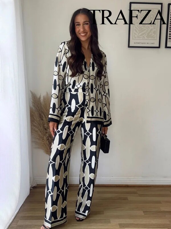 TRAFZA kevadine naiste geomeetrilise trükiga revääriga pikkade varrukatega särk, 2-osaline komplekt küljetaskud vabaaja kõrge vöökohaga naiste laia pükste ülikond