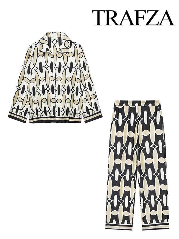 TRAFZA kevadine naiste geomeetrilise trükiga revääriga pikkade varrukatega särk, 2-osaline komplekt küljetaskud vabaaja kõrge vöökohaga naiste laia pükste ülikond