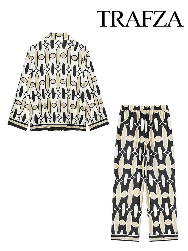 TRAFZA kevadine naiste geomeetrilise trükiga revääriga pikkade varrukatega särk, 2-osaline komplekt küljetaskud vabaaja kõrge vöökohaga naiste laia pükste ülikond