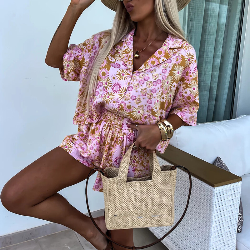 Fashion Bohemian Holiday Γυναικείες μοτίβο δύο τεμαχίων σετ με στάμπα Φαρδιά καλοκαιρινά ρούχα Γυναικεία πουκάμισο με κουμπιά πέτο + σορτς κοστούμι παραλίας