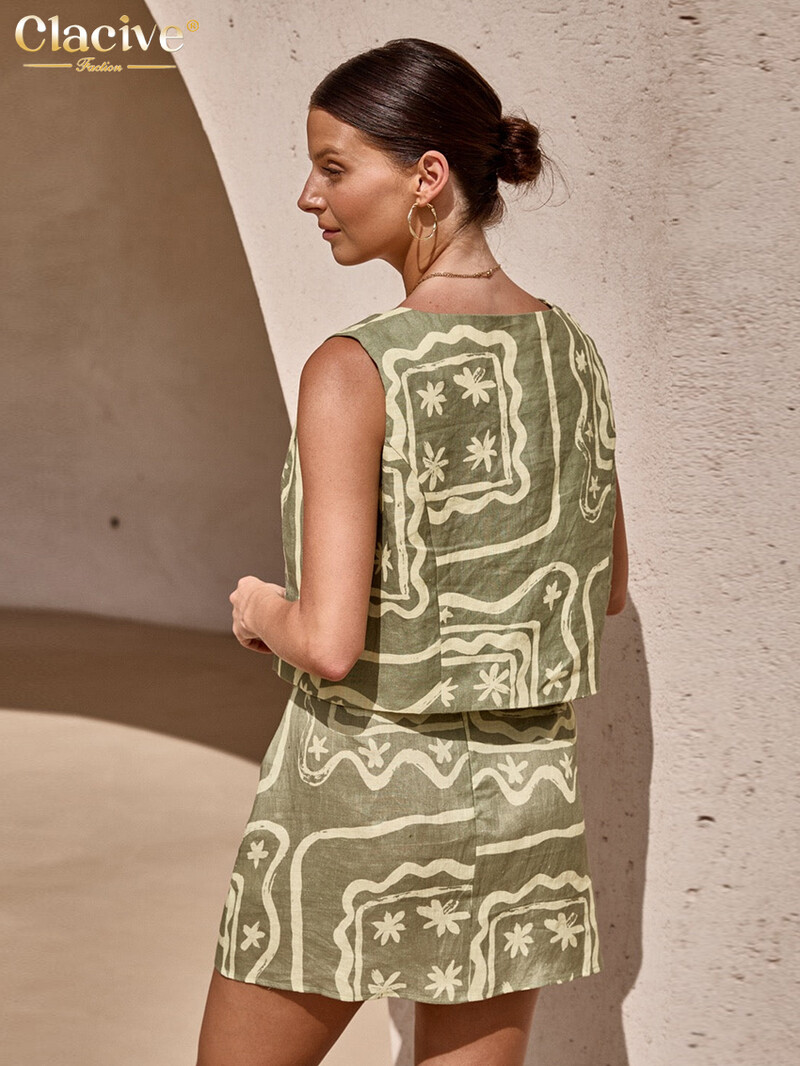 Clacive Sexy Loose Print 2 Piece Σετ Γυναικεία Στολή Καλοκαιρινή Αμάνικη φανελάκι με Ψηλόμεση Μίνι Φούστες Σετ Γυναικεία Streetwear