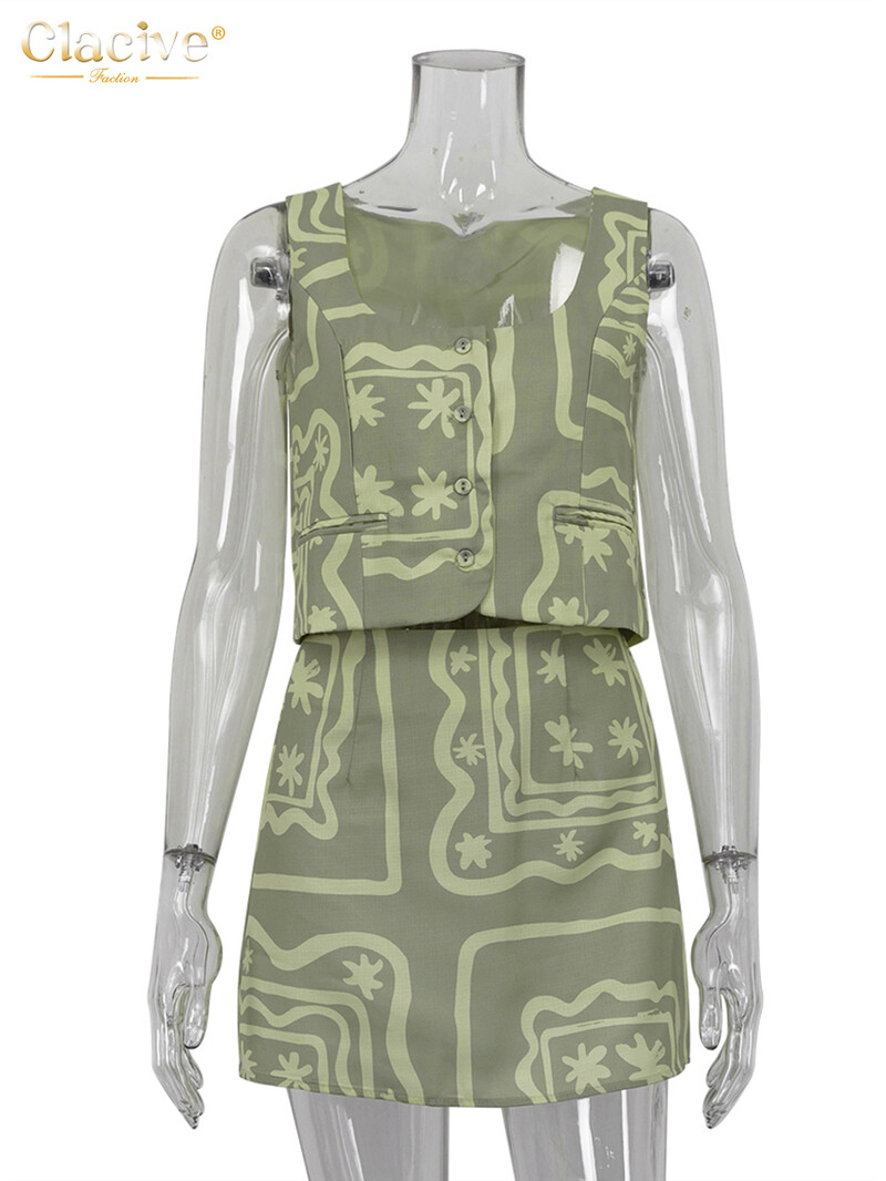 Clacive Sexy Loose Print 2 Piece Σετ Γυναικεία Στολή Καλοκαιρινή Αμάνικη φανελάκι με Ψηλόμεση Μίνι Φούστες Σετ Γυναικεία Streetwear