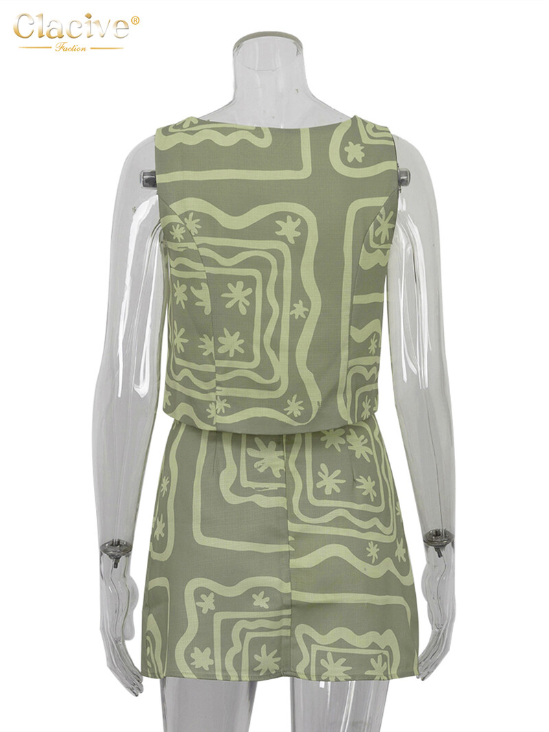 Clacive Sexy Loose Print 2 Piece Σετ Γυναικεία Στολή Καλοκαιρινή Αμάνικη φανελάκι με Ψηλόμεση Μίνι Φούστες Σετ Γυναικεία Streetwear