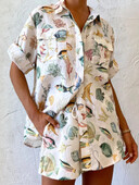 Uus suvine vabaaja lühikeste varrukatega prindinupp Keera kraega särkpluusid kõrge vöökohaga lühikesed püksid ülikond, naiste elegantne 2-osaline komplekt