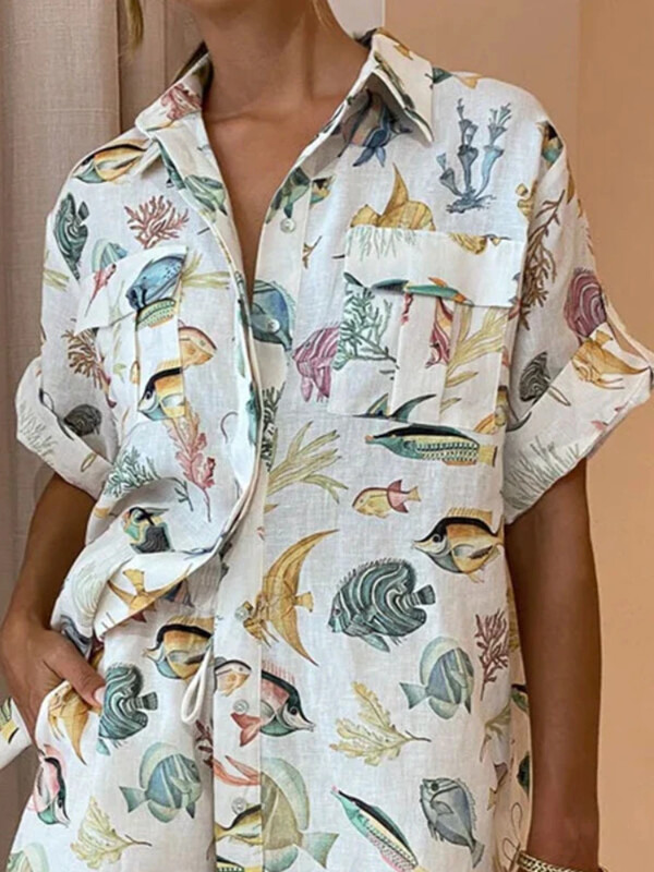 Uus suvine vabaaja lühikeste varrukatega prindinupp Keera kraega särkpluusid kõrge vöökohaga lühikesed püksid ülikond, naiste elegantne 2-osaline komplekt