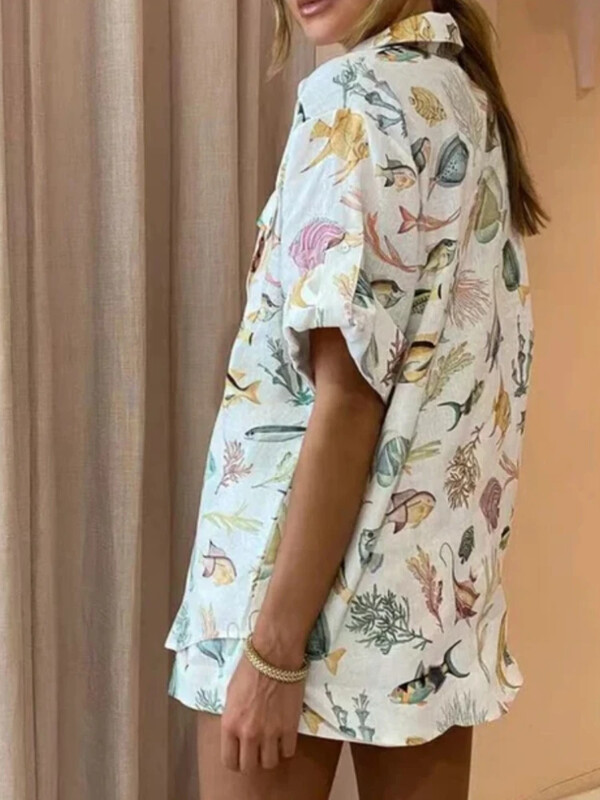 Uus suvine vabaaja lühikeste varrukatega prindinupp Keera kraega särkpluusid kõrge vöökohaga lühikesed püksid ülikond, naiste elegantne 2-osaline komplekt