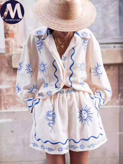 Seturi elegante din 2 piese pentru femei Cămașă cu mâneci lungi imprimate Topuri la modă Set pantaloni scurți versatili largi Costume de vară casual Nou