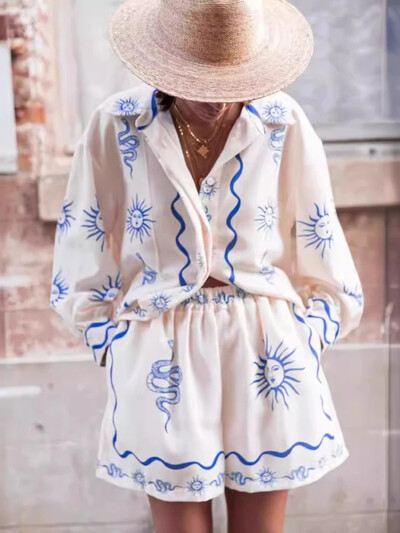 Seturi elegante din 2 piese pentru femei Cămașă cu mâneci lungi imprimate Topuri la modă Set pantaloni scurți versatili largi Costume de vară casual Nou