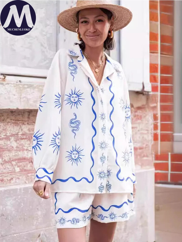 Seturi elegante din 2 piese pentru femei Cămașă cu mâneci lungi imprimate Topuri la modă Set pantaloni scurți versatili largi Costume de vară casual Nou