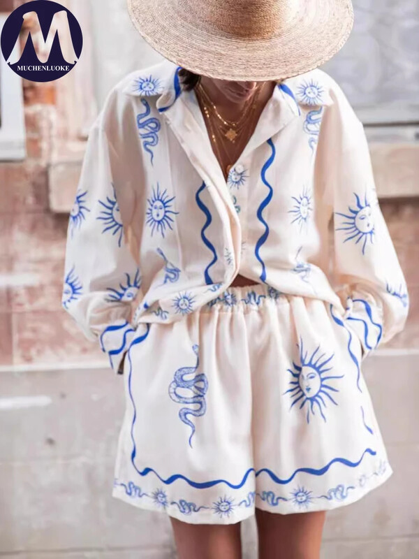 Seturi elegante din 2 piese pentru femei Cămașă cu mâneci lungi imprimate Topuri la modă Set pantaloni scurți versatili largi Costume de vară casual Nou