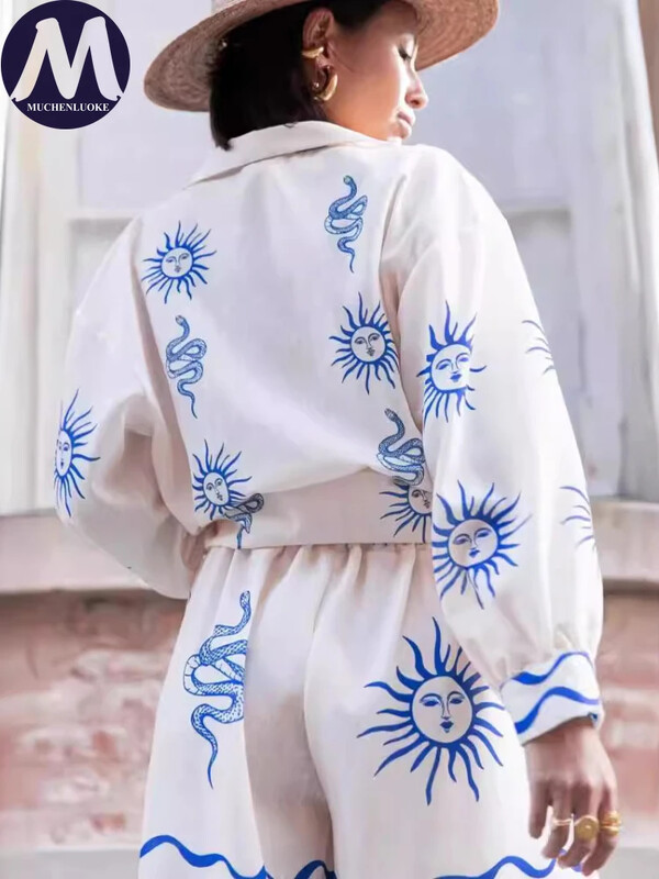Seturi elegante din 2 piese pentru femei Cămașă cu mâneci lungi imprimate Topuri la modă Set pantaloni scurți versatili largi Costume de vară casual Nou