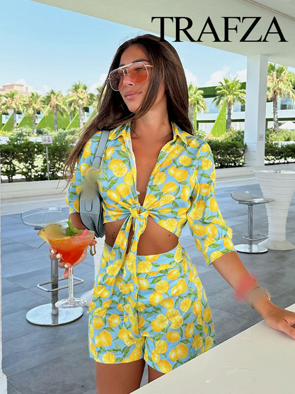 TRAFZA Γυναικείο Σετ 2 τεμαχίων Καλοκαιρινό με στάμπα με κορδόνια πουκάμισο Casual Κοντό μπλουζάκι παραλίας + Ψηλή μέση με φερμουάρ Πλαϊνές τσέπες Λεπτό σορτς TRAF
