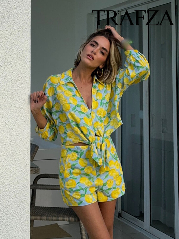 TRAFZA Γυναικείο Σετ 2 τεμαχίων Καλοκαιρινό με στάμπα με κορδόνια πουκάμισο Casual Κοντό μπλουζάκι παραλίας + Ψηλή μέση με φερμουάρ Πλαϊνές τσέπες Λεπτό σορτς TRAF