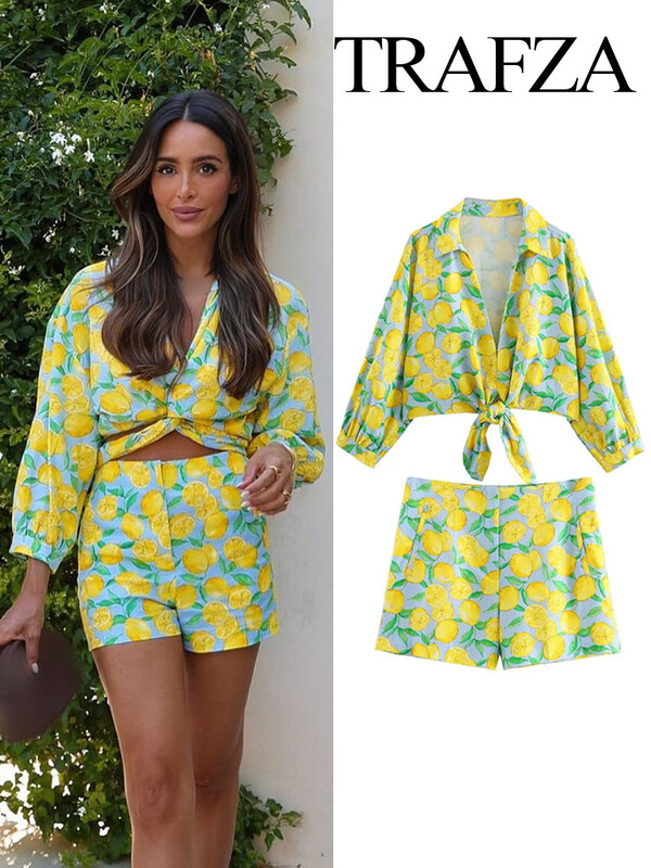 TRAFZA Γυναικείο Σετ 2 τεμαχίων Καλοκαιρινό με στάμπα με κορδόνια πουκάμισο Casual Κοντό μπλουζάκι παραλίας + Ψηλή μέση με φερμουάρ Πλαϊνές τσέπες Λεπτό σορτς TRAF