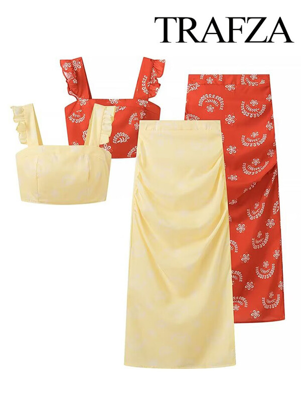 TRAFZA suvemood naiste ülikonnad, trükitud varrukateta, Boheemi stiilis lühike sling top+elastne vööpoolne tõmblukk jaotatud seelik Mujer