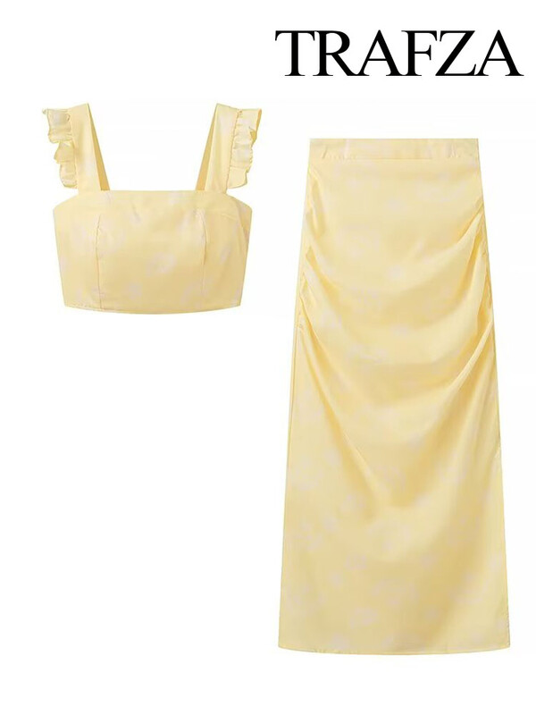 TRAFZA suvemood naiste ülikonnad, trükitud varrukateta, Boheemi stiilis lühike sling top+elastne vööpoolne tõmblukk jaotatud seelik Mujer